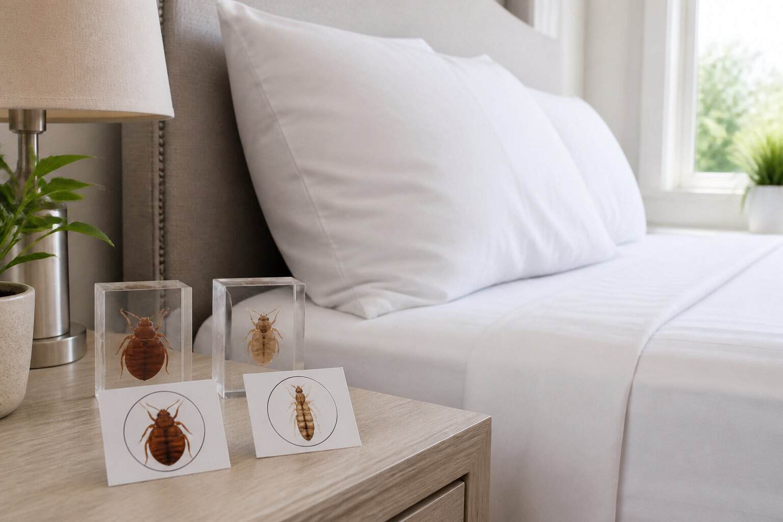 A clean bedroom with a bed and bedside table displaying magnified images of bed bugs and lice for comparison.