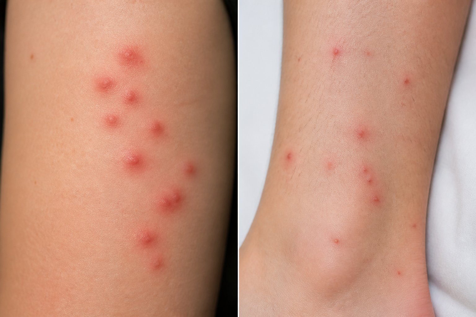 Close-up image showing red, swollen bed bug bites on one side of skin and smaller, scattered flea bites on the other side.