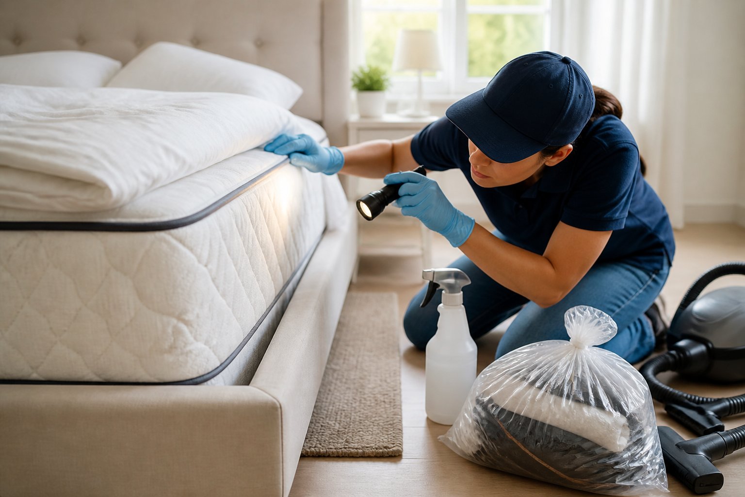 A person wearing gloves inspecting a mattress with a flashlight, surrounded by pest control tools in a clean bedroom.