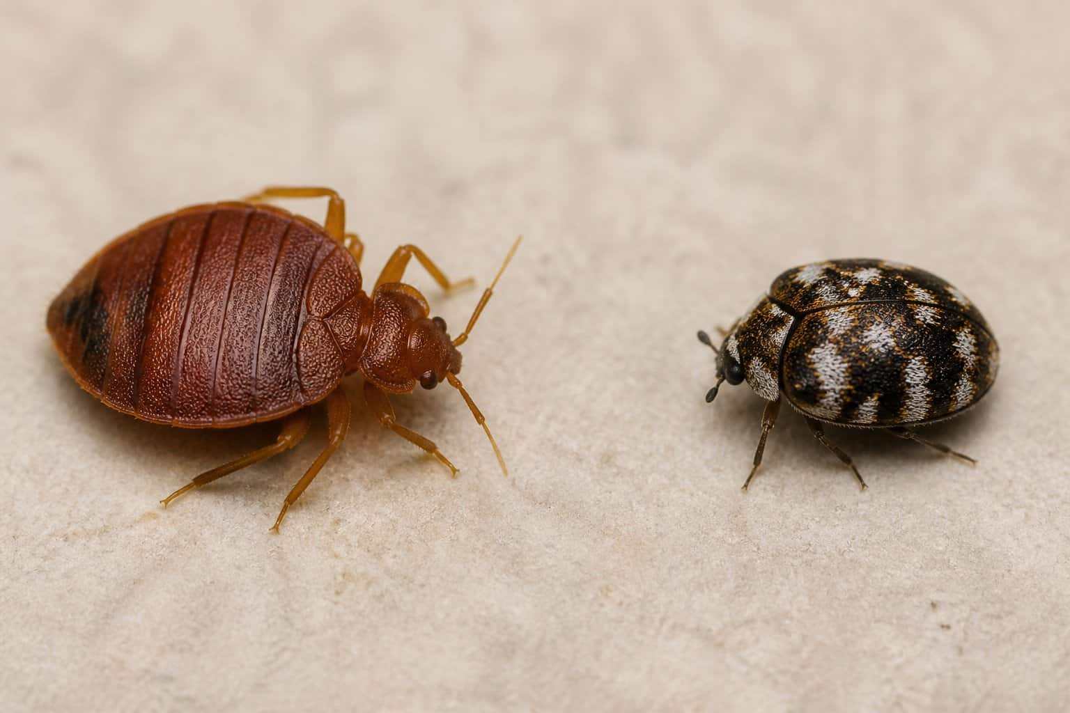 Close-up comparison of a bed bug and a carpet beetle on a neutral background.