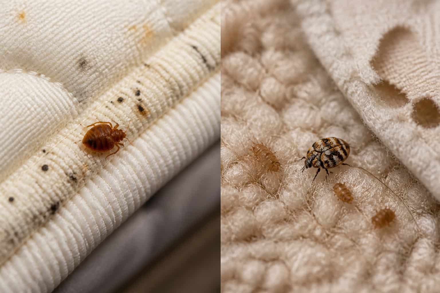 Close-up view of a bed bug on a mattress and a carpet beetle on carpet fibers with signs of infestation visible around them.