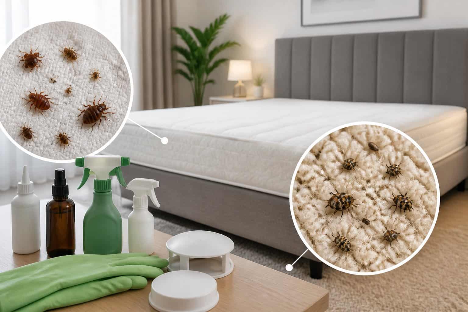 Close-up of a mattress and carpet with detailed images of bed bugs and carpet beetles, alongside pest control products in a clean bedroom.