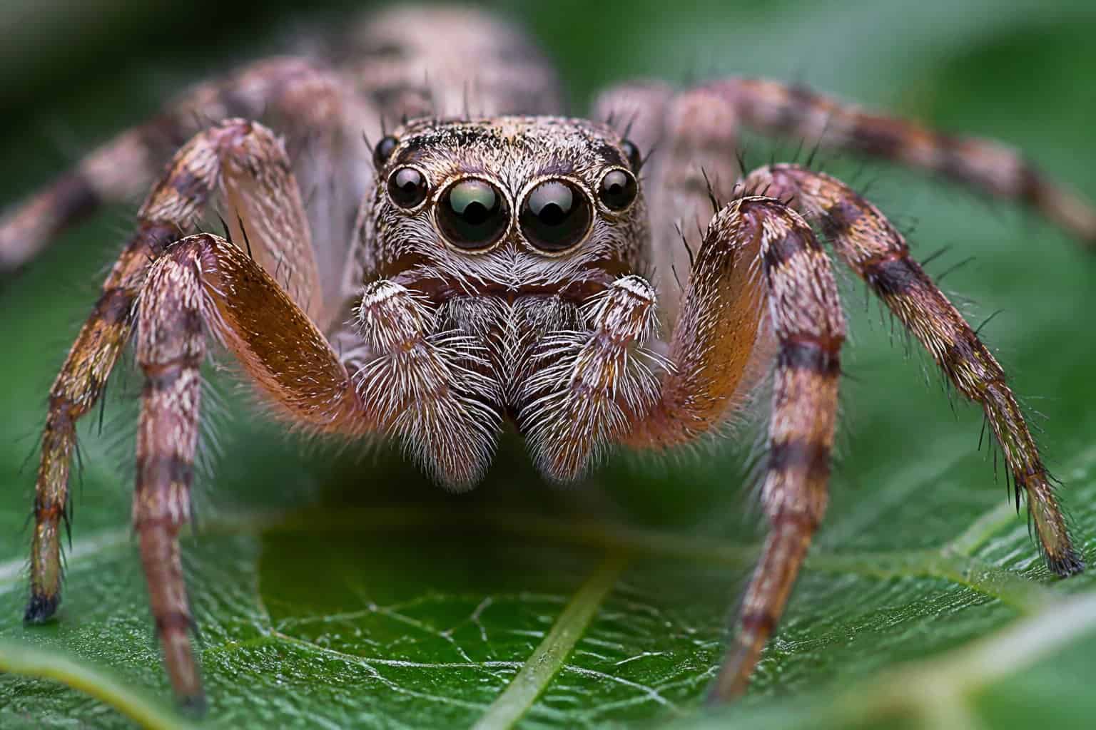 Close-up image of a spider showing its legs, eyes, and body anatomy on a natural surface.