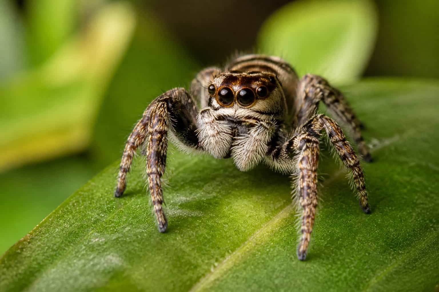 A close-up of a spider sitting on a green leaf with a blurred natural background.