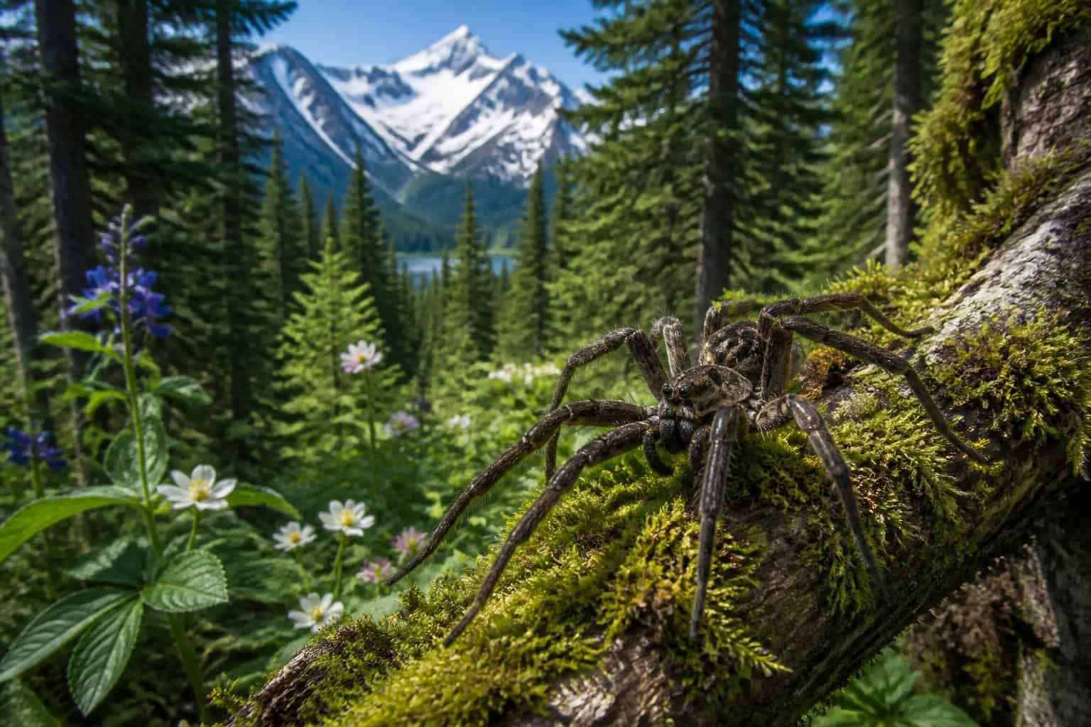Close-up of a spider on a mossy tree branch in a green Alaskan forest with mountains in the background.