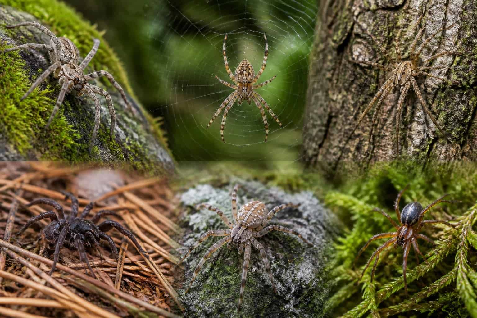 Several spiders on moss, pine needles, and tree bark in a forest setting.