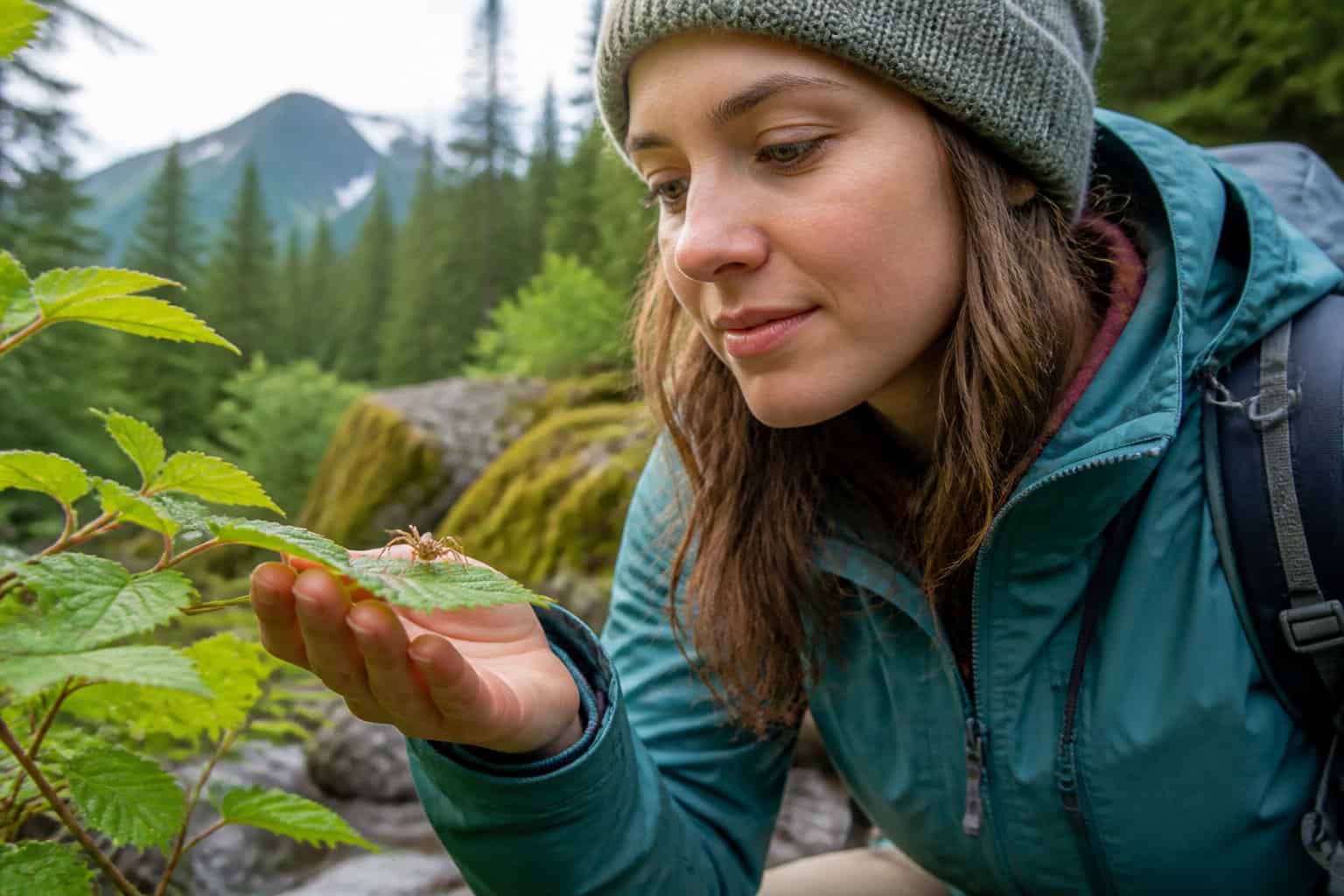 A person calmly observing a small spider on a leaf in a green forest setting.