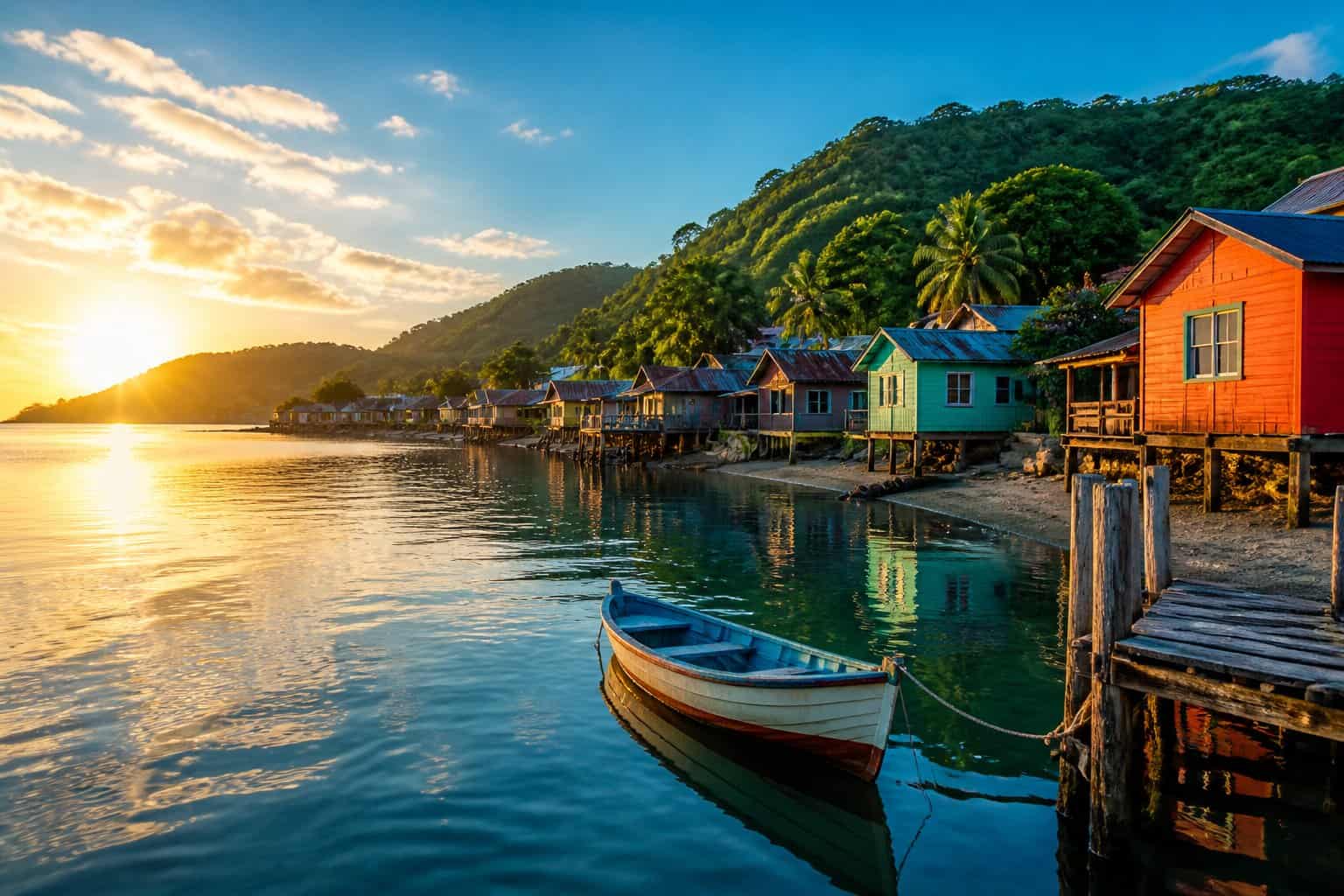 A peaceful coastal village with colorful wooden houses by calm water and green hills in the background at sunrise.