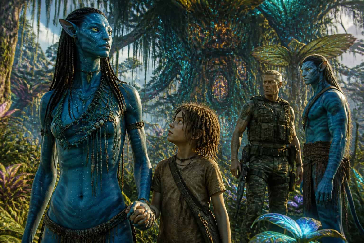 A female Na'vi character stands holding the hand of a young human boy in a glowing alien jungle, with two adults observing nearby.