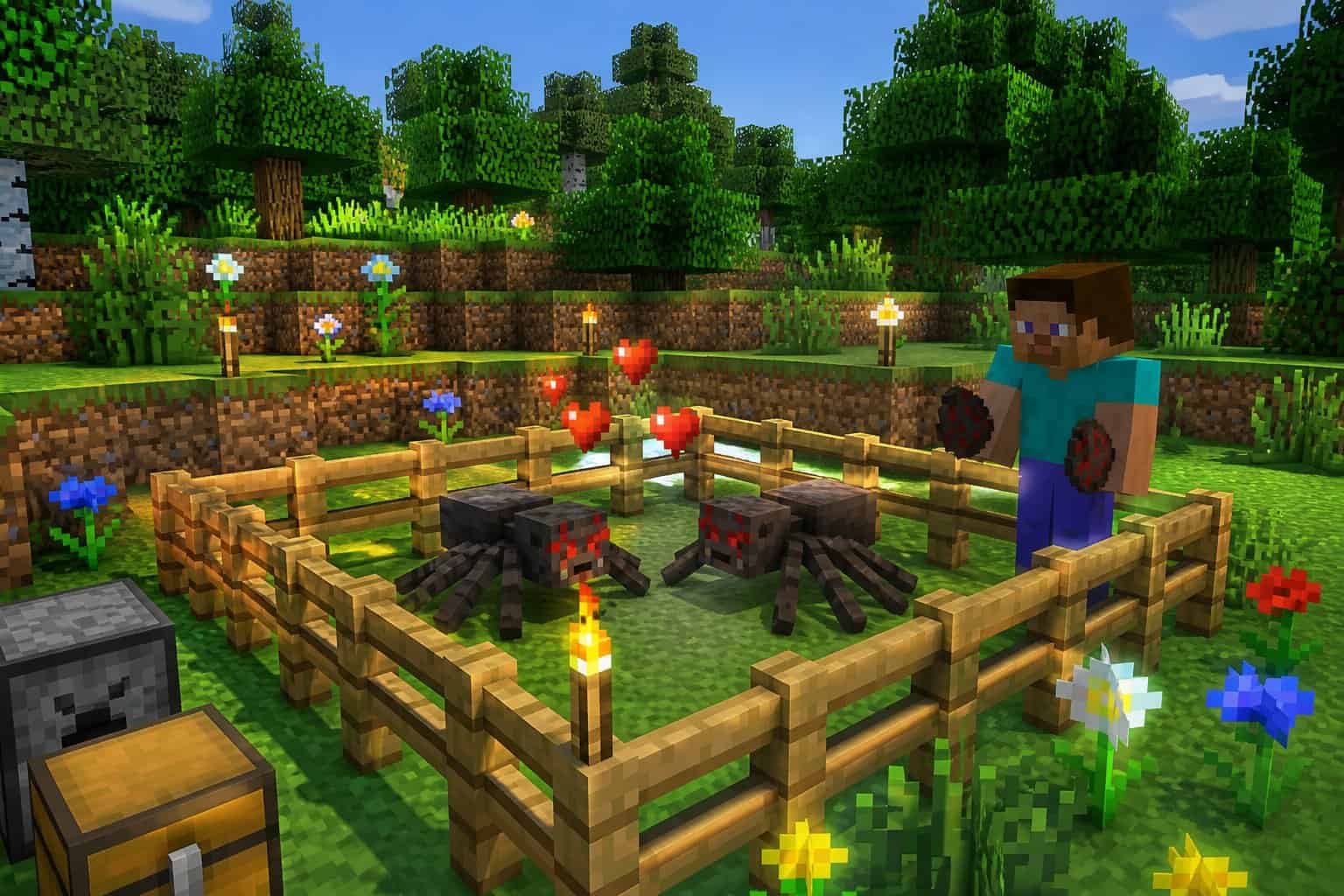 A Minecraft scene showing two spiders inside a fenced area with a player holding spider spawn eggs nearby, surrounded by trees and grass under a clear sky.