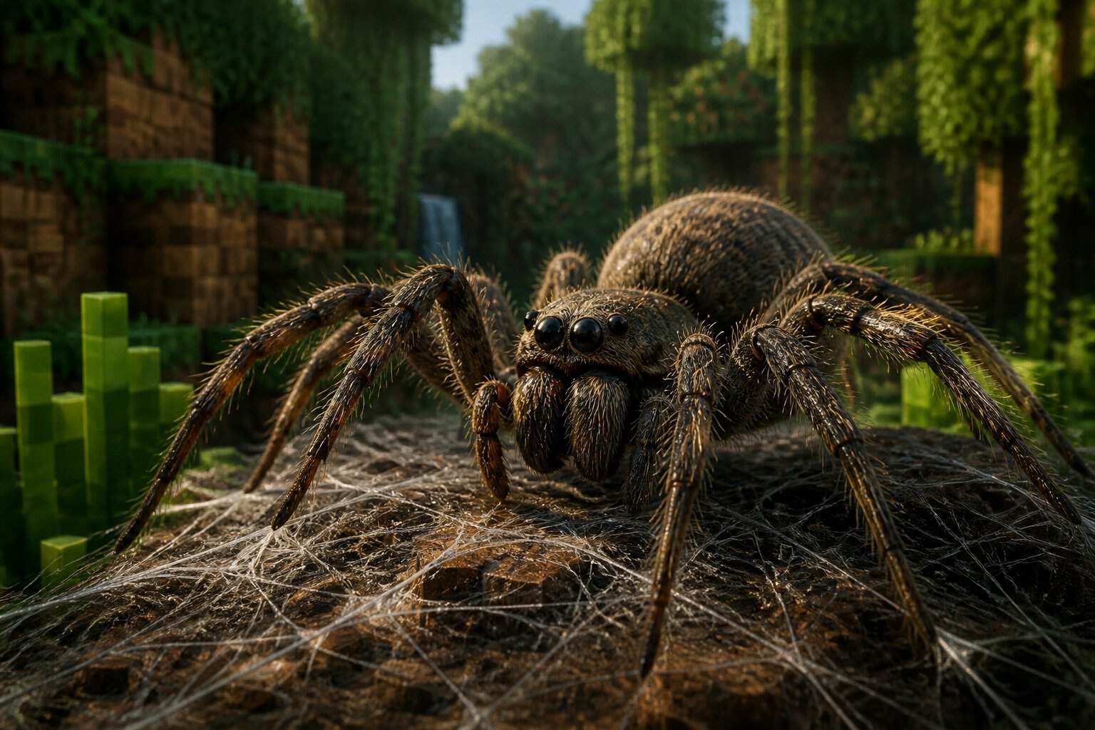 A close-up of a realistic spider on a web with a blocky, pixelated natural background resembling a Minecraft world.