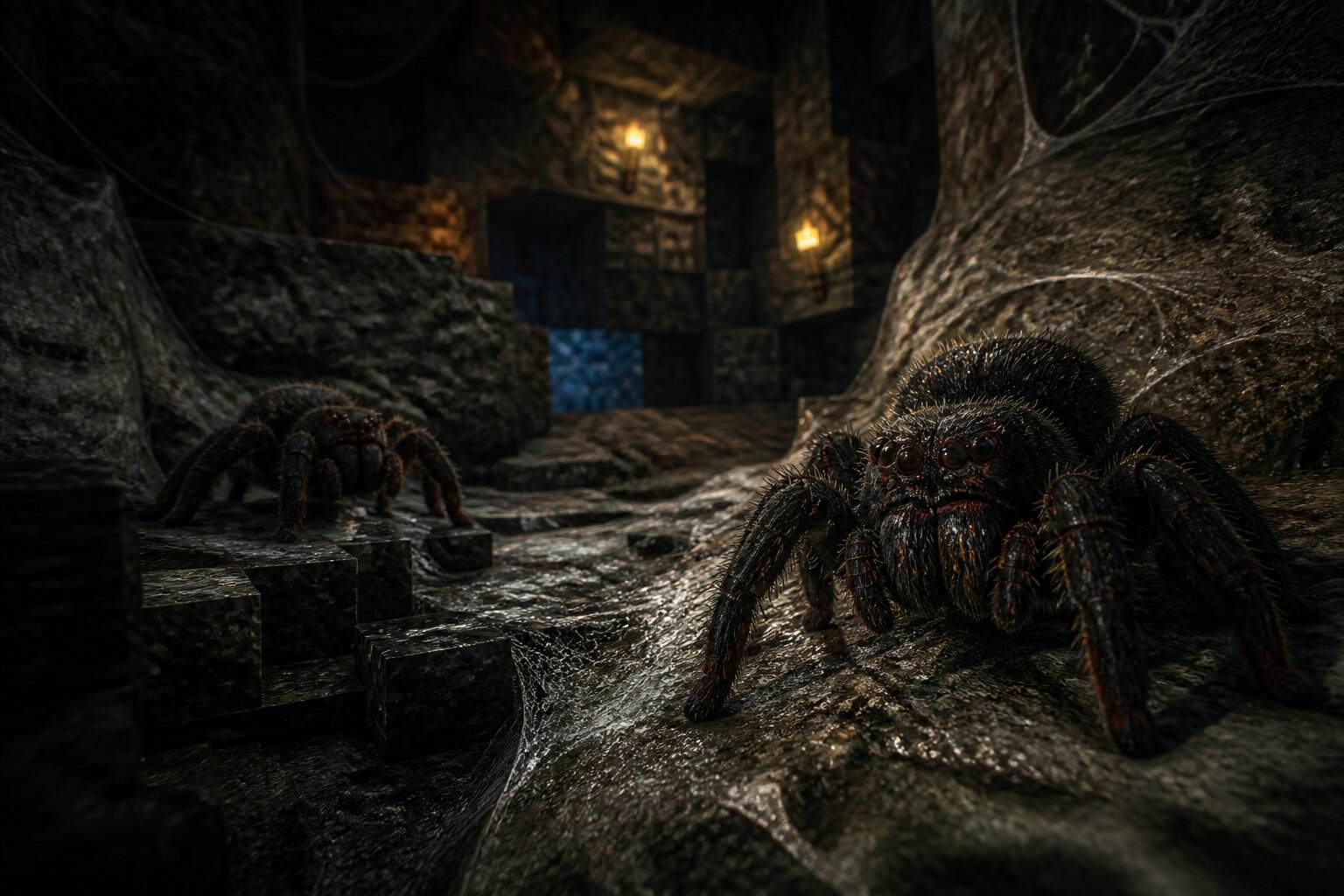 Close-up of cave spiders in a dimly lit rocky cave environment with webbing and natural surroundings.