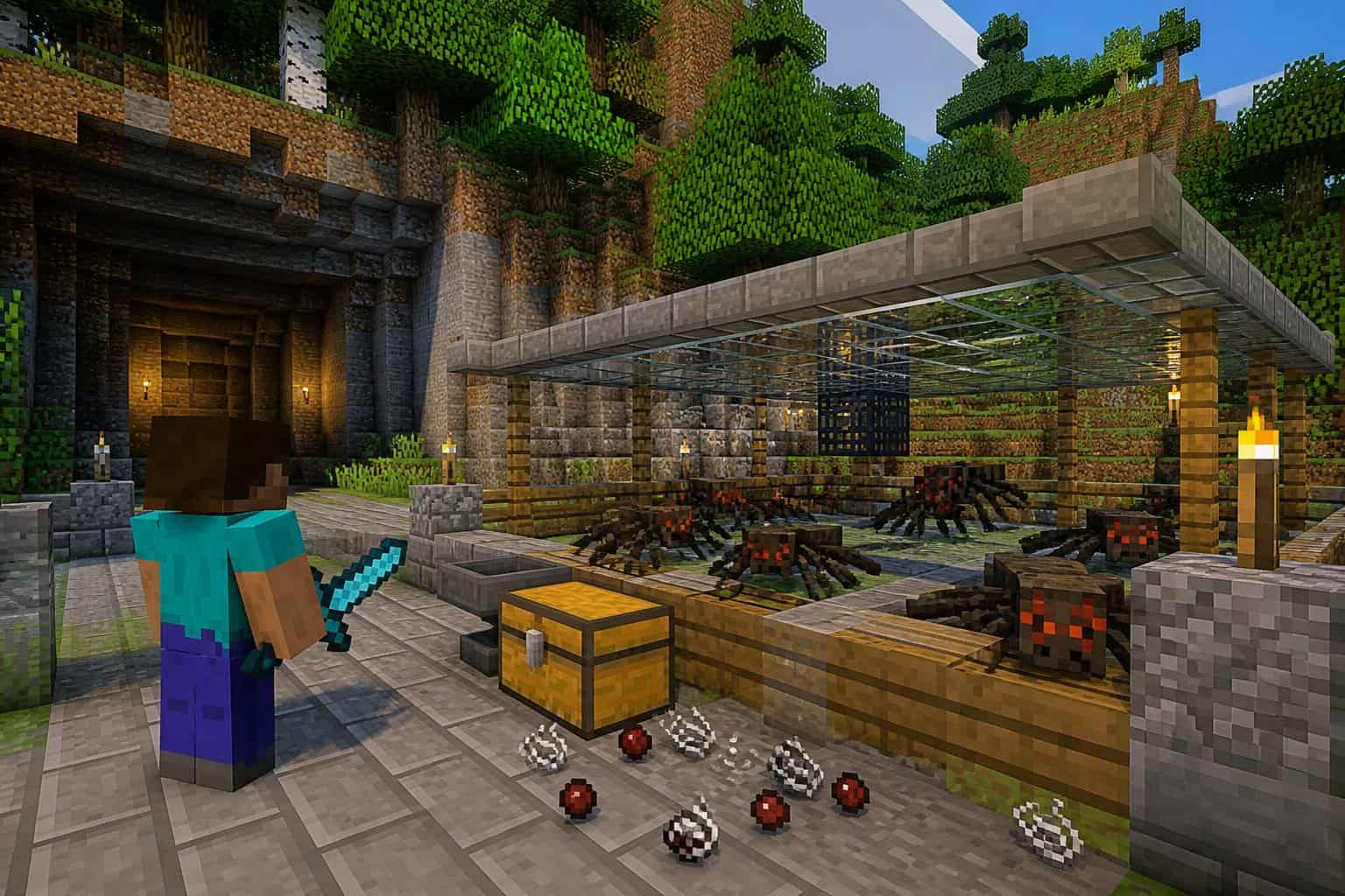 A Minecraft scene showing a player near a fenced area with spiders and resource items like string and spider eyes.