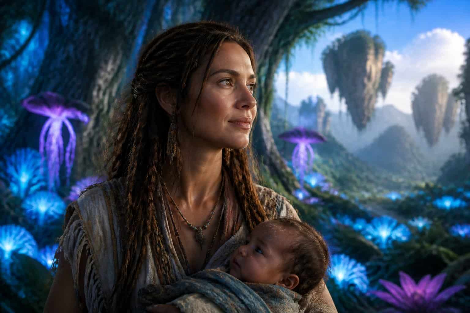A woman standing thoughtfully in a glowing alien forest with tall trees and floating mountains in the background.