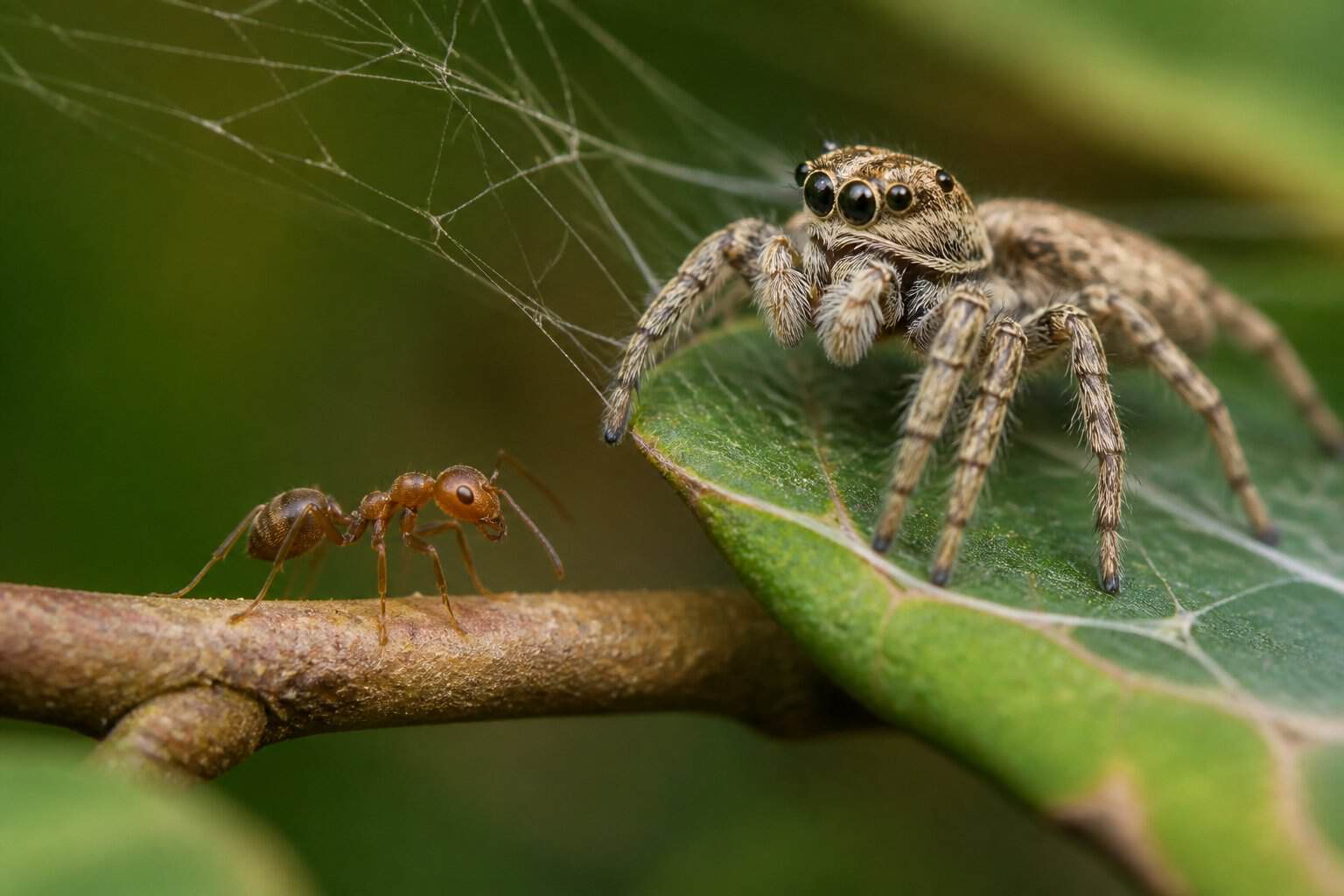 A spider on a leaf near an ant in a natural outdoor setting.