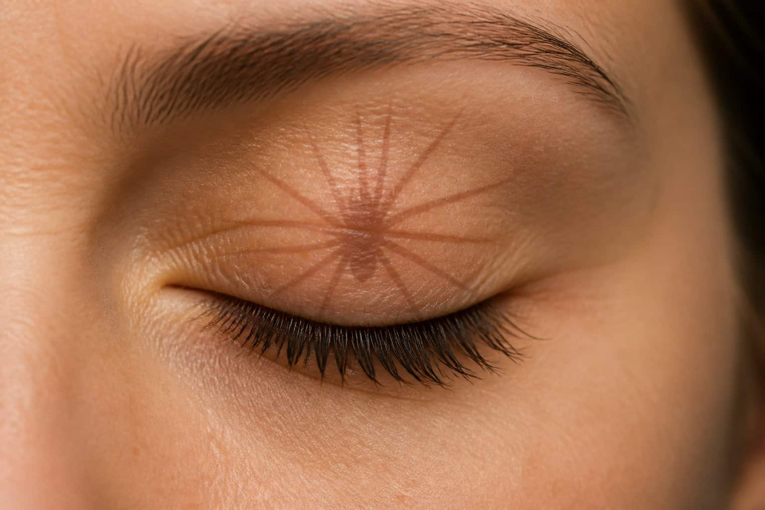 Close-up of a human eye mid-blink with subtle spider-like shadows on the eyelid.