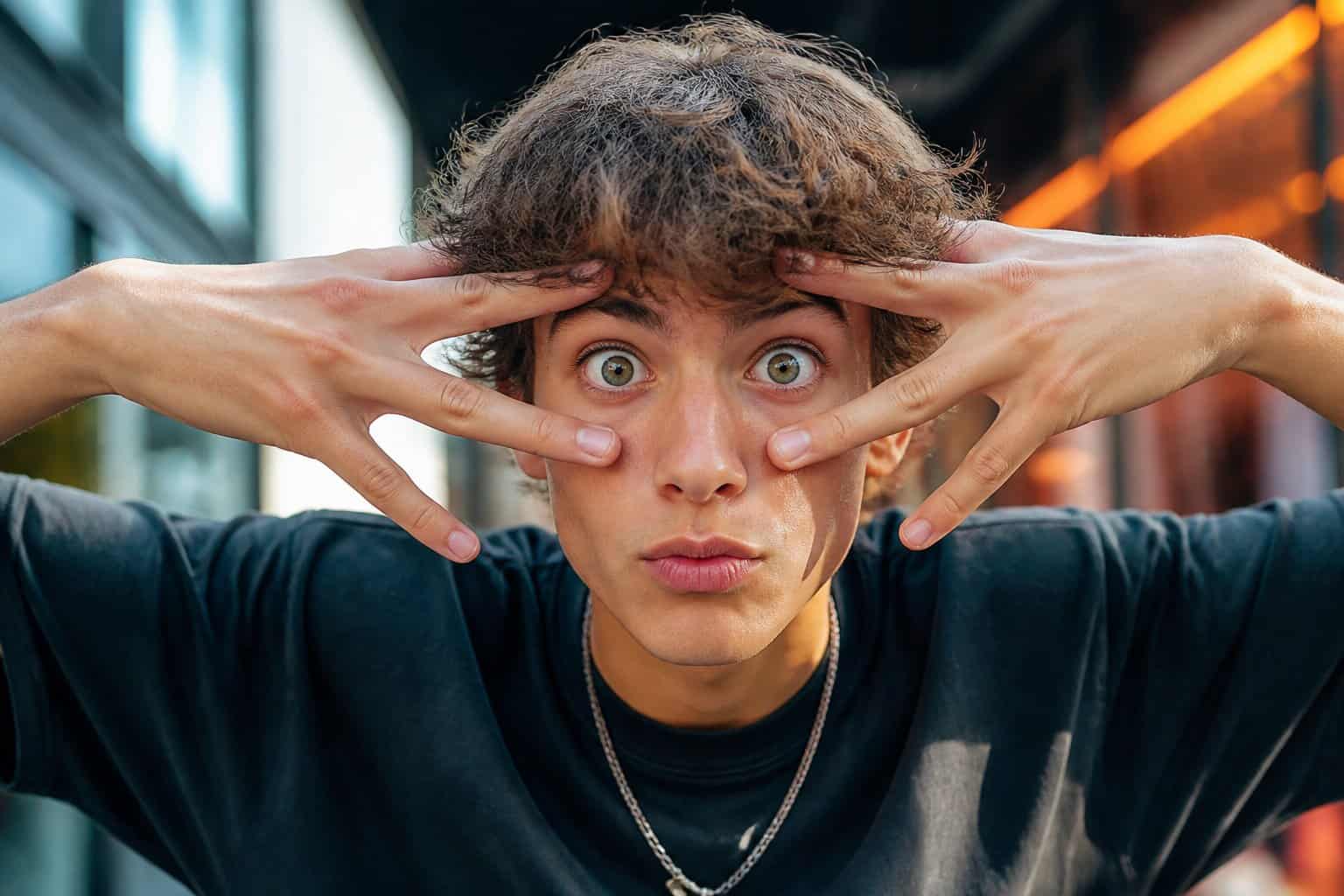 A young person performing a dance move with hands near their face and eyes wide open in an urban setting.