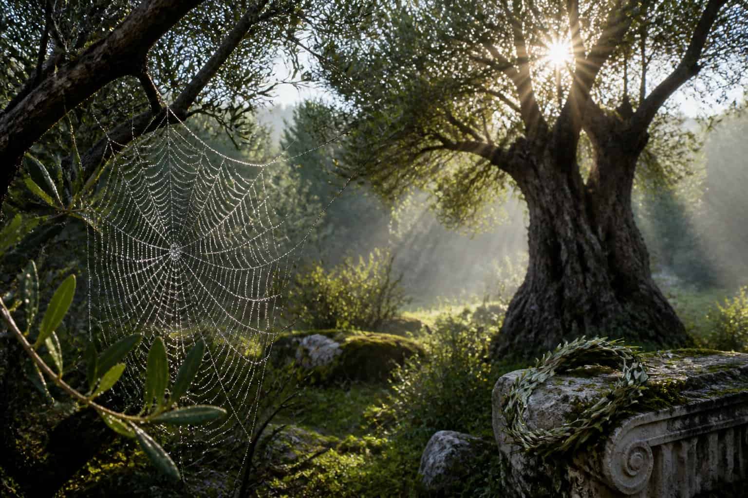 A close-up of a spider web glistening in a forest near an olive tree with subtle ancient Greek elements in the background.
