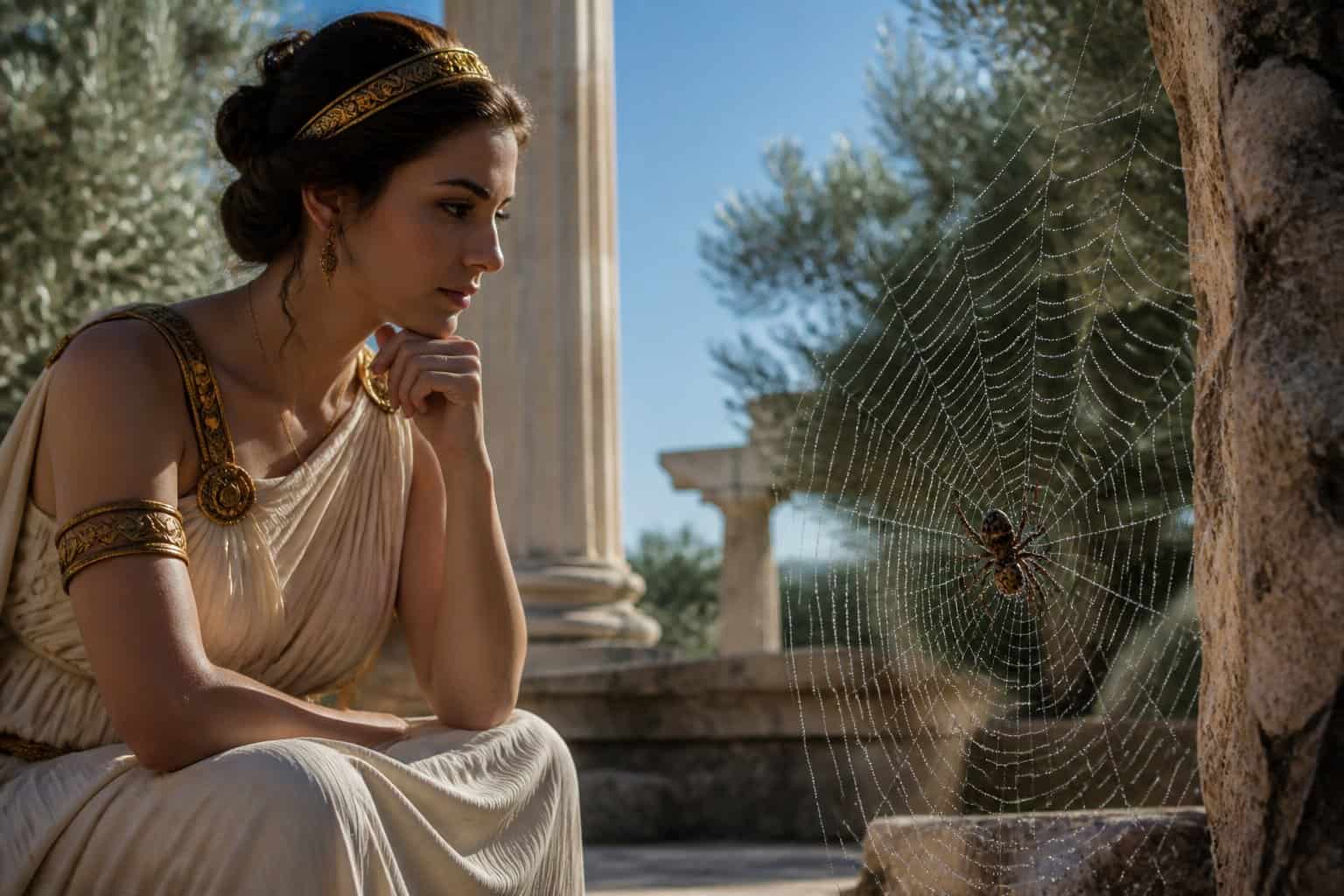 A woman in ancient Greek clothing watches a spider weaving a web near marble columns and olive trees.