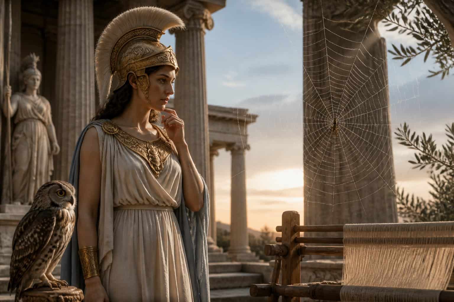 A woman dressed as the Greek goddess Athena stands near a large spider web with an owl perched nearby and ancient columns in the background.
