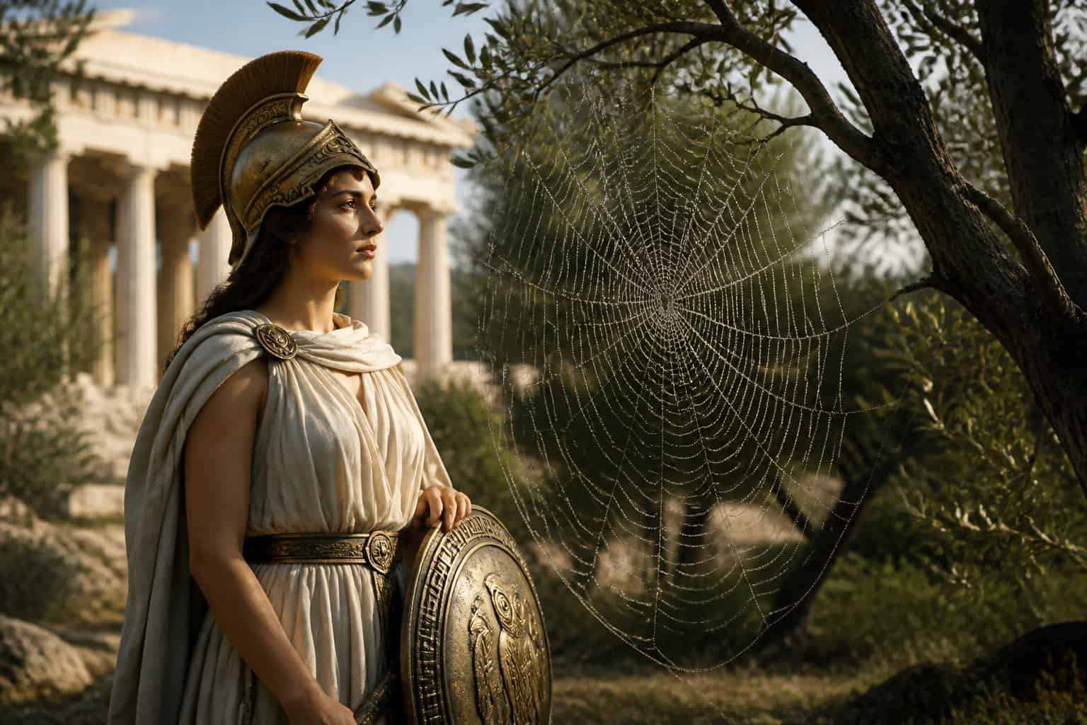 A woman dressed as Athena stands near an olive tree with a large spider web, with an ancient Greek temple in the background.