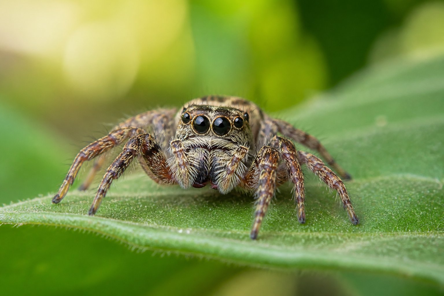 Close-up of a spider on a green leaf with its eyes clearly visible against a blurred natural background.