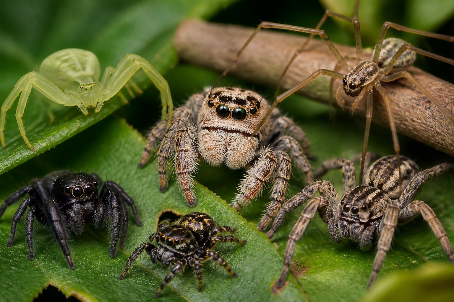 Several different spiders on green leaves with their eyes clearly visible.