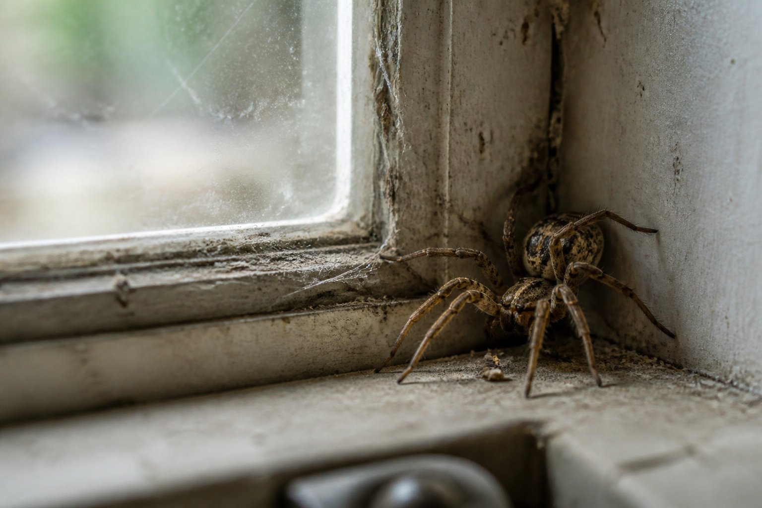 Close-up of a spider resting inside a corner of a window frame with cobwebs and soft natural light.