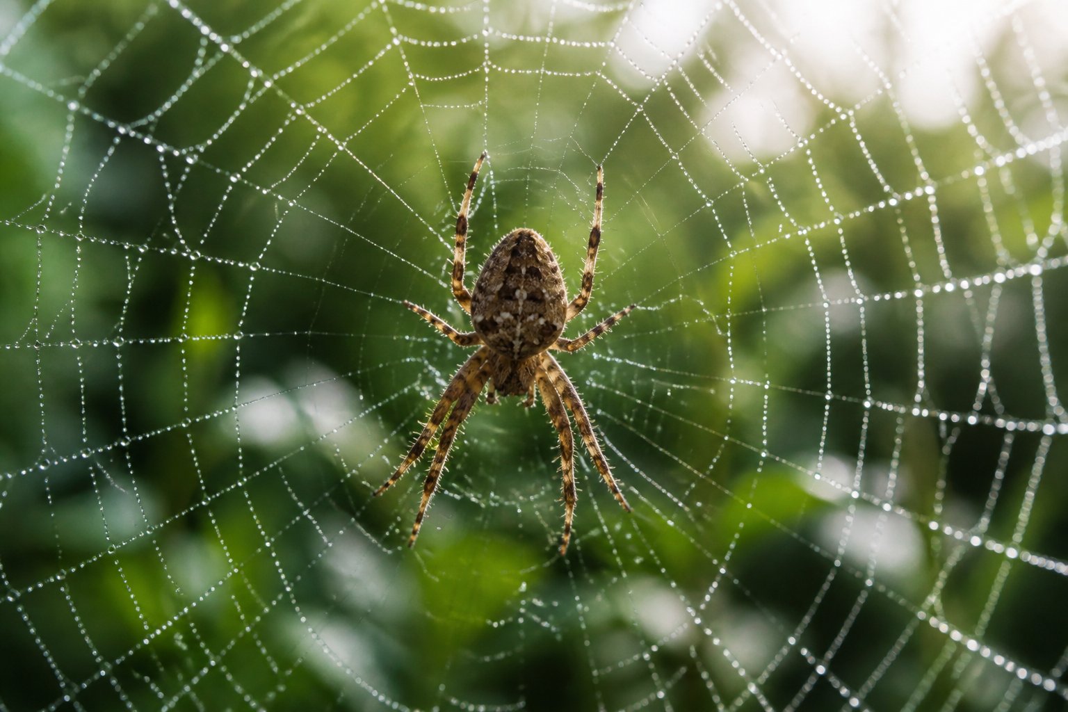 Close-up of a garden spider resting on its web with dew drops in a green outdoor setting.
