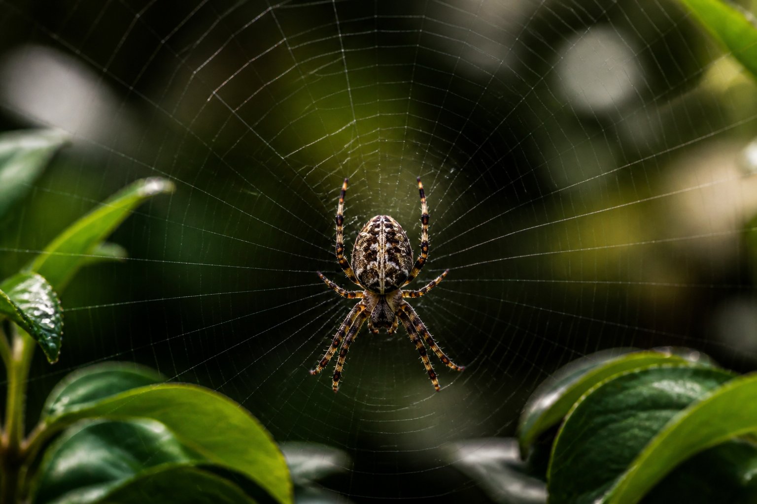 A close-up of a spider sitting on its web among green leaves in nature.
