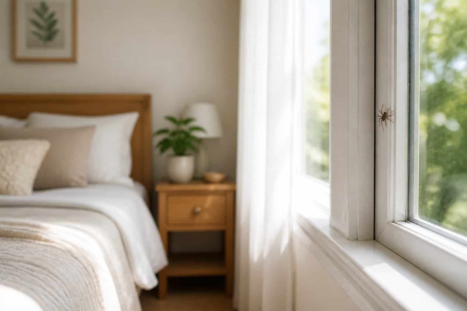 A small spider resting on a window frame inside a tidy, sunlit bedroom.