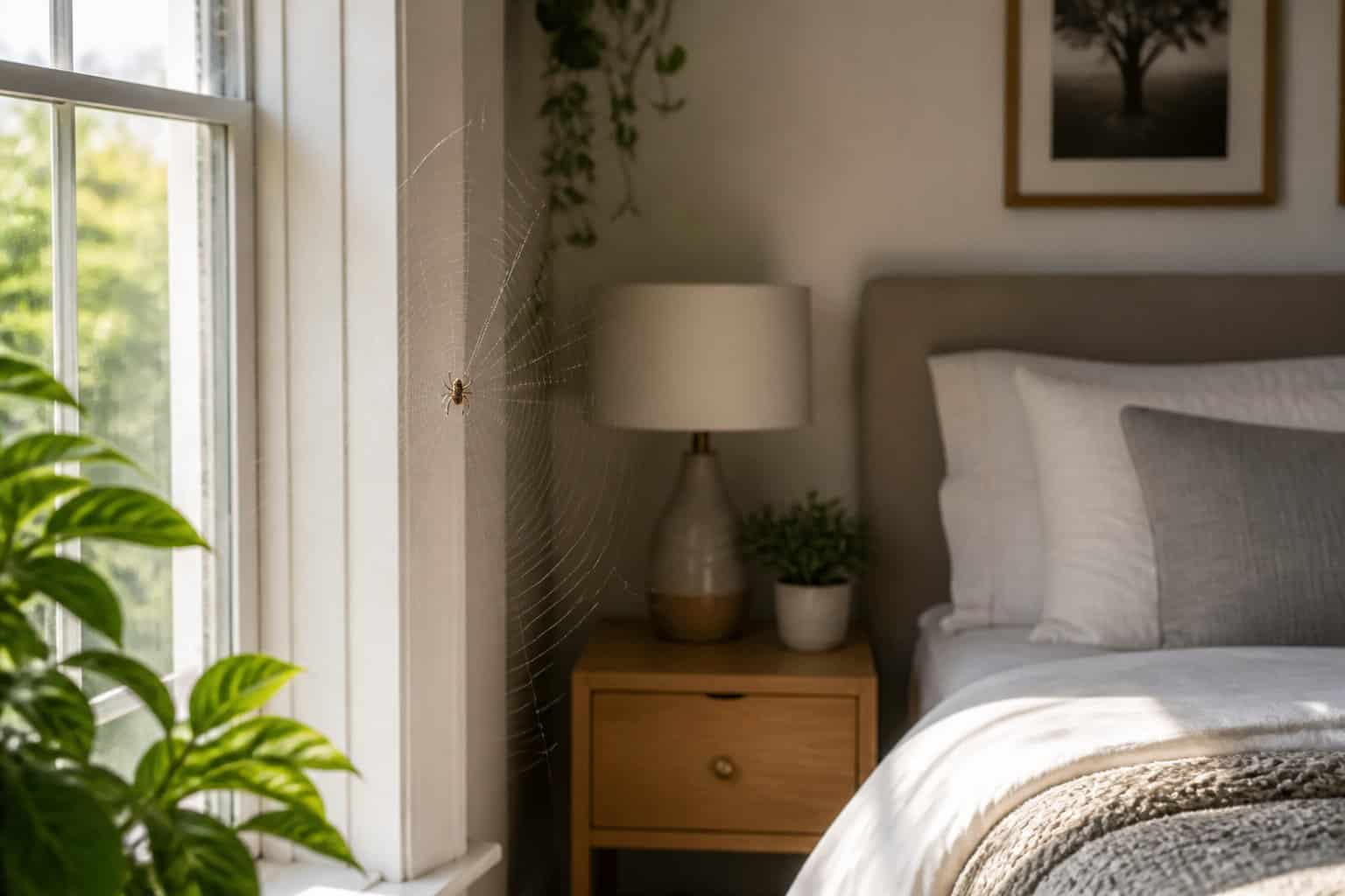 A cozy bedroom corner with a spider web near a window and a small spider on it, showing a typical home setting.