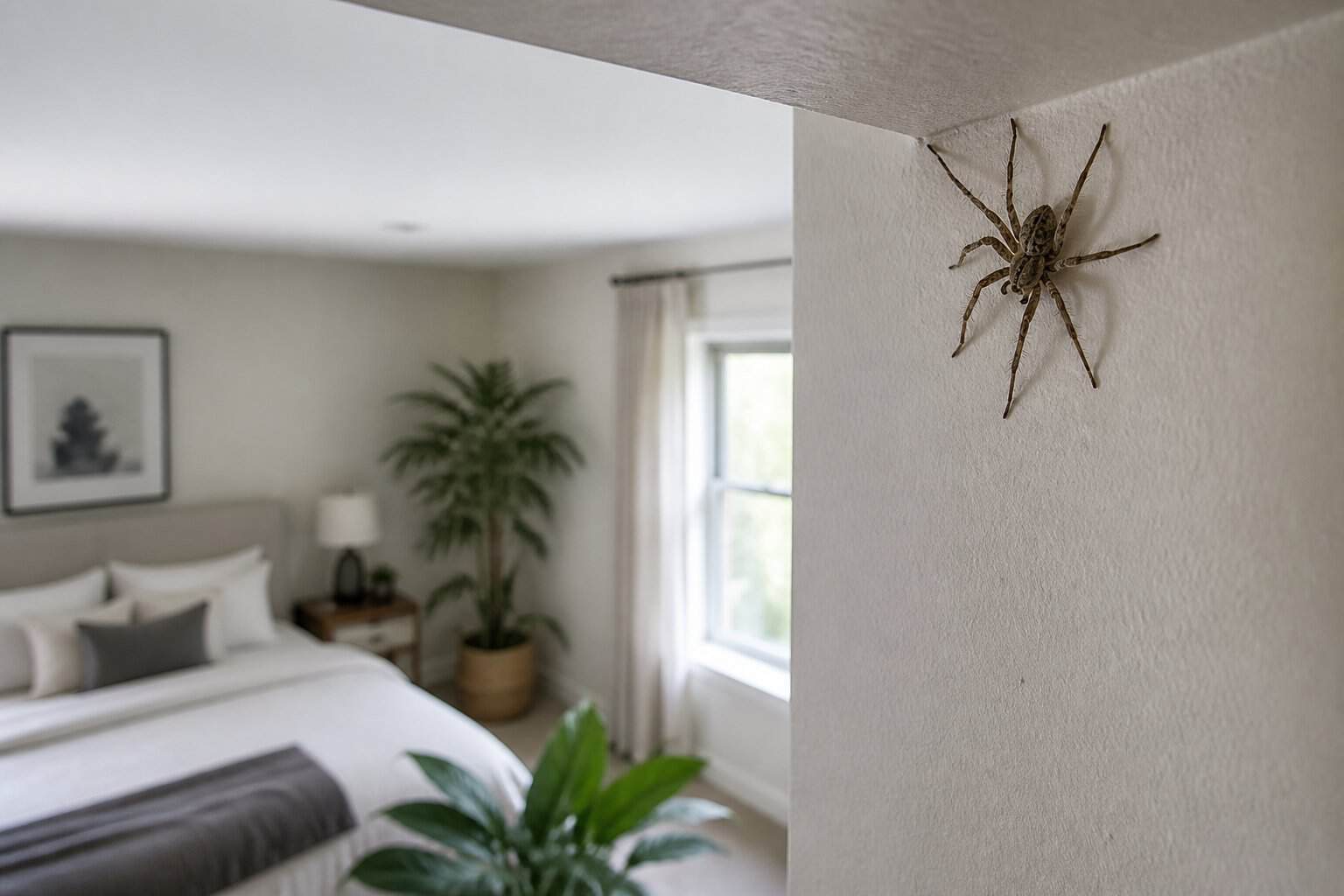 Close-up of a common house spider on the corner of a bedroom wall near the ceiling in a tidy, modern bedroom.