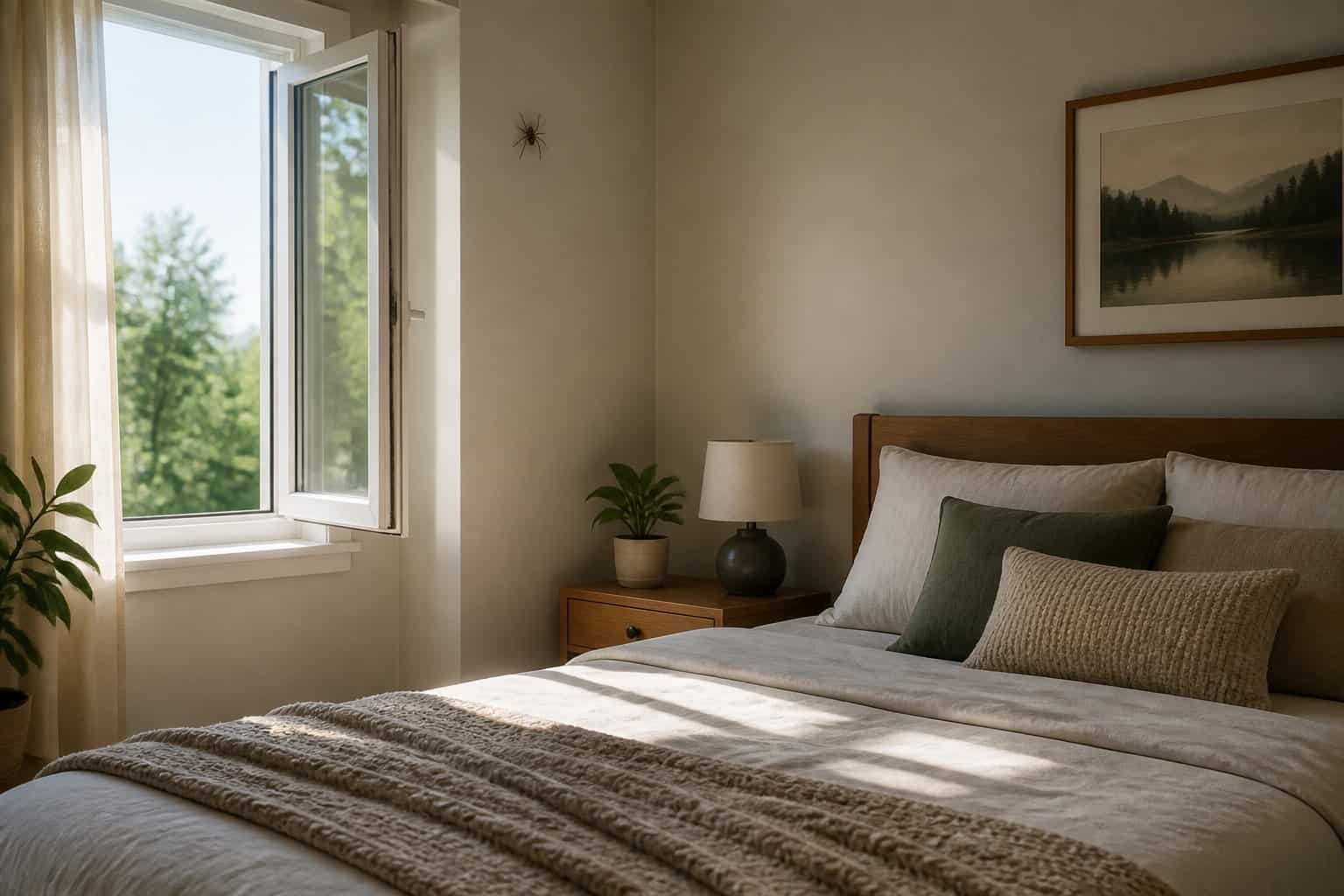 A tidy bedroom with a bed, nightstand, and a small spider on the wall near the corner.