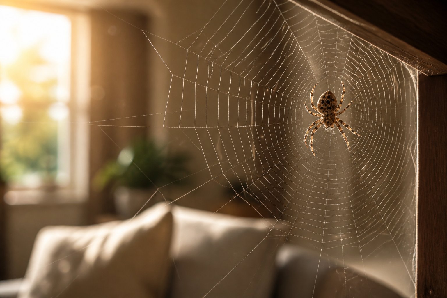 A close-up of a spider spinning its web inside a bright and clean living room.