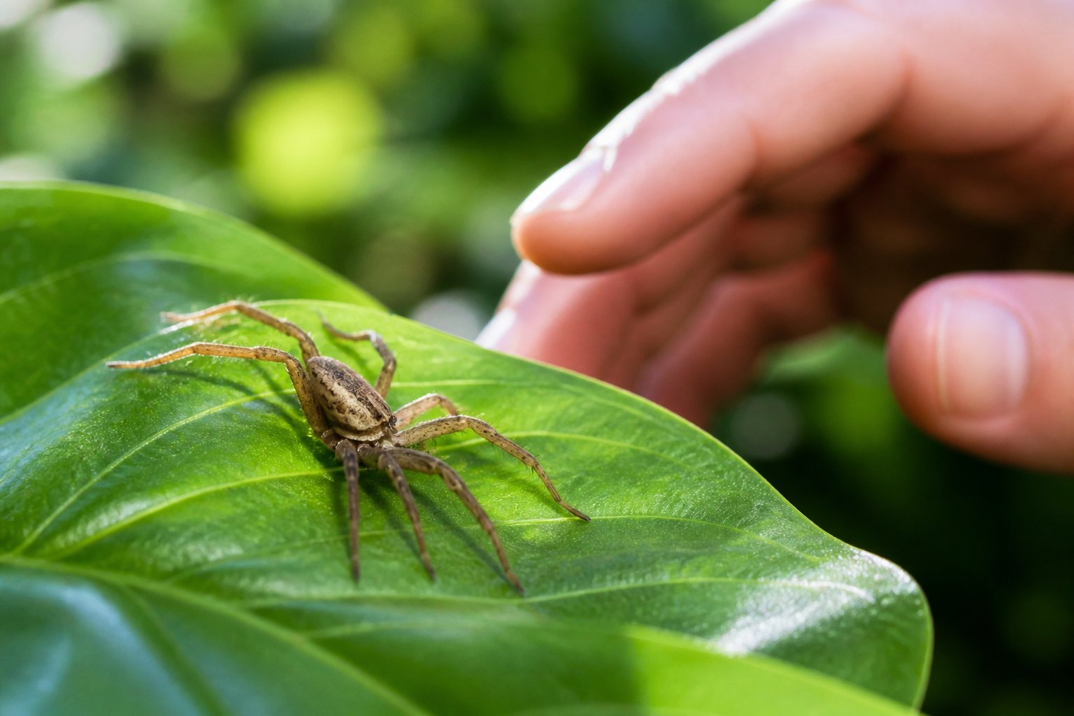 A close-up of a harmless spider on a green leaf with a human hand nearby showing caution.
