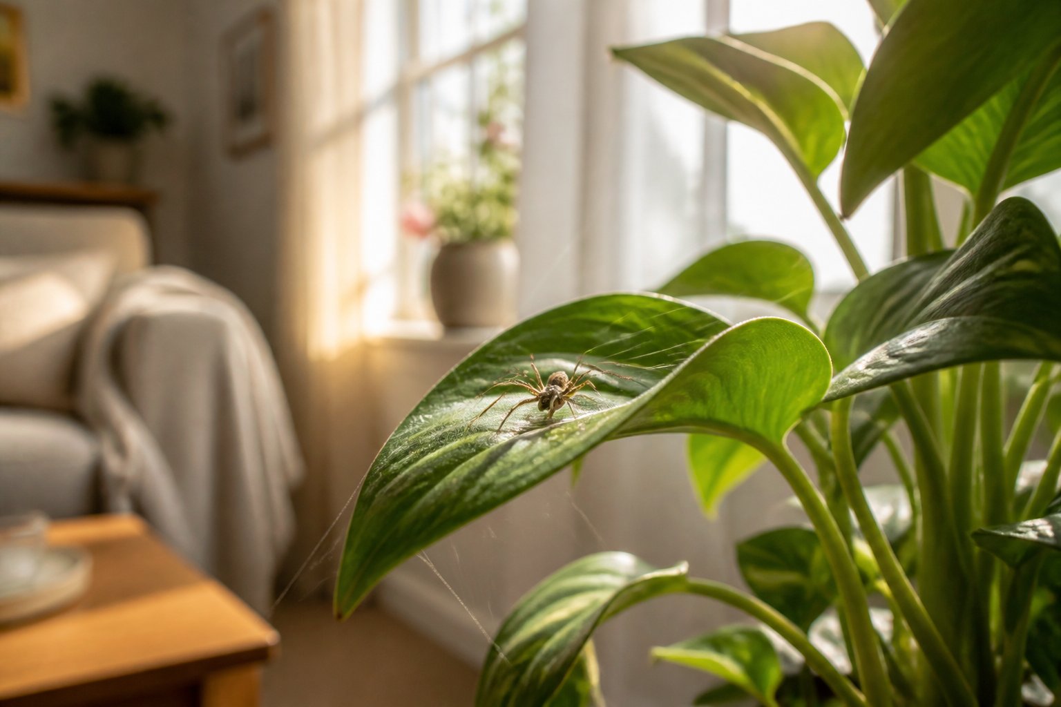 A small spider resting on a leaf of a houseplant near a sunlit window inside a cozy living room.