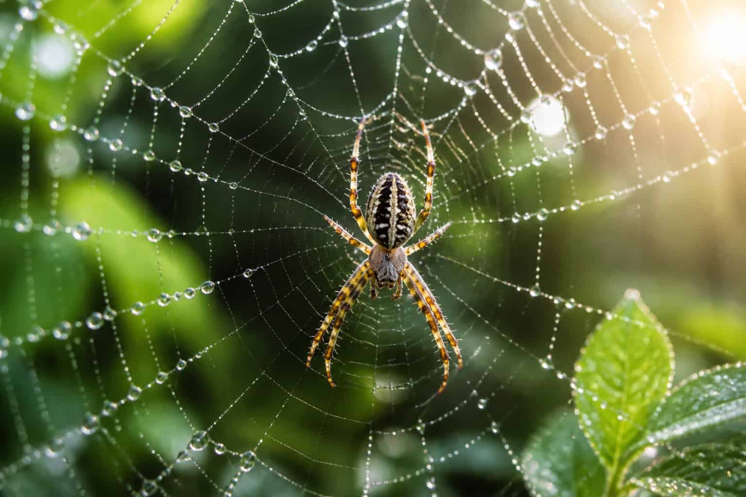 Close-up of a spider sitting on a dew-covered web surrounded by green leaves.