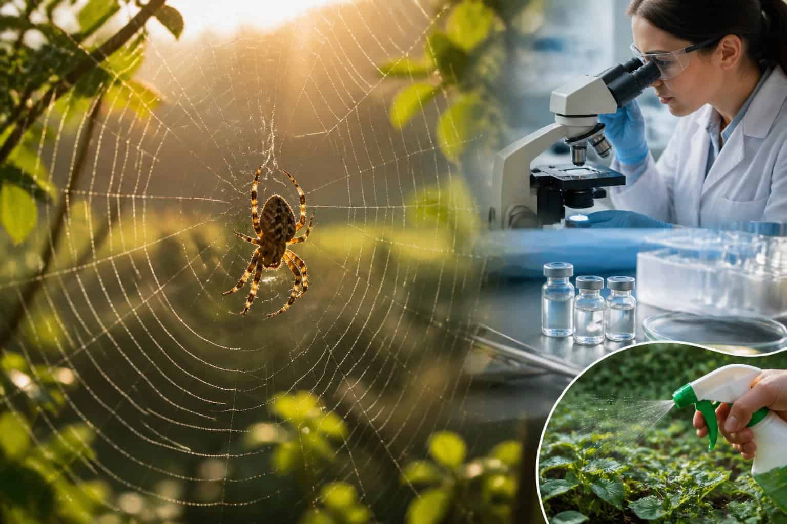 Close-up of a spider spinning its web outdoors with a scientist examining spider silk in a lab and medical research equipment in the background.