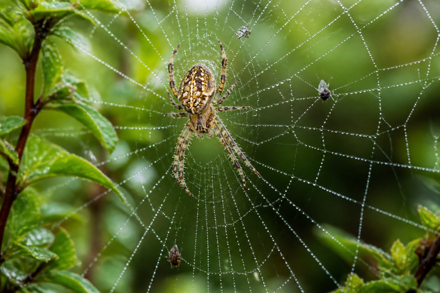 Close-up of a spider weaving its web among green leaves with small insects caught in the web.