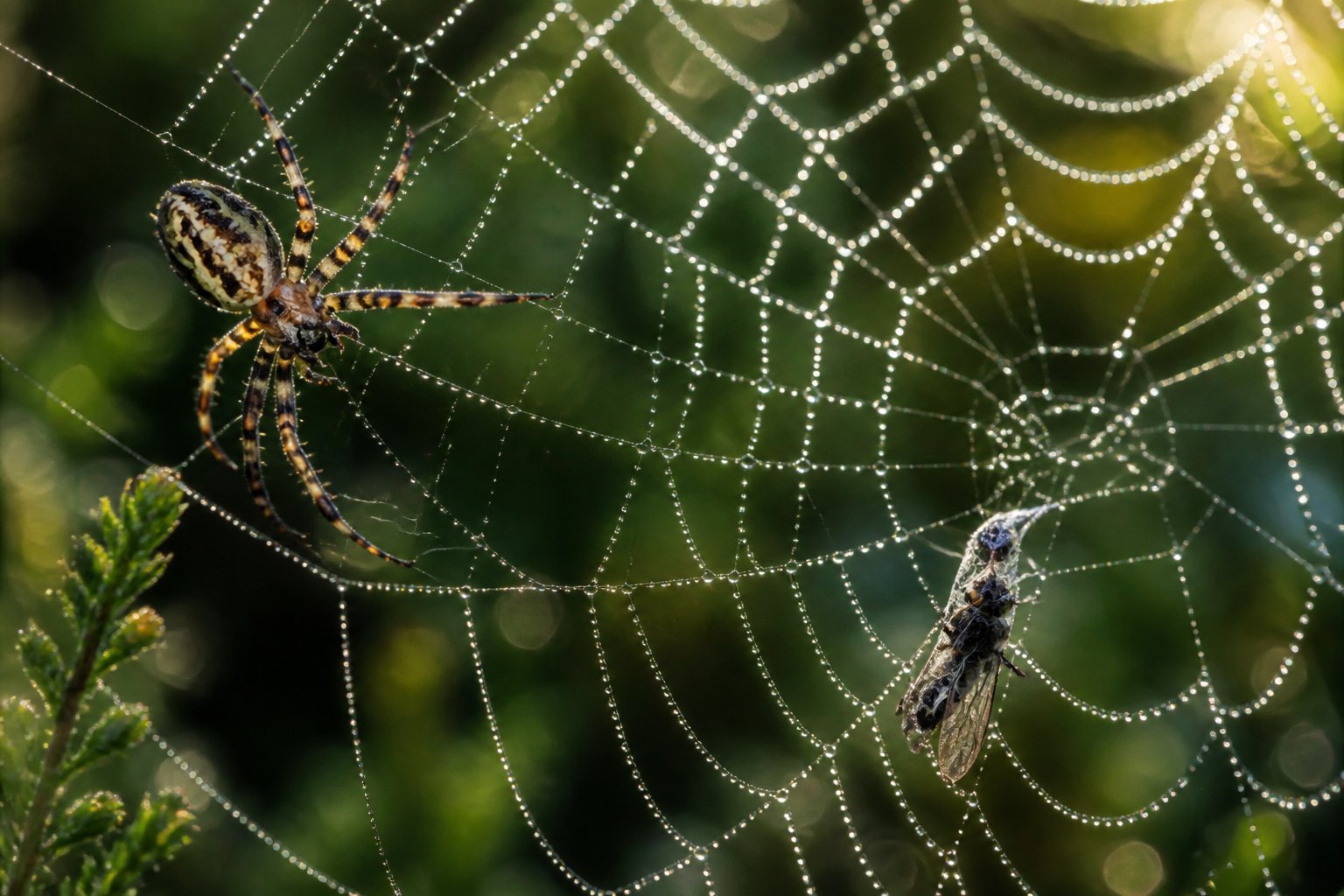 A close-up of a spider weaving its web and capturing an insect in a natural outdoor setting with green foliage.