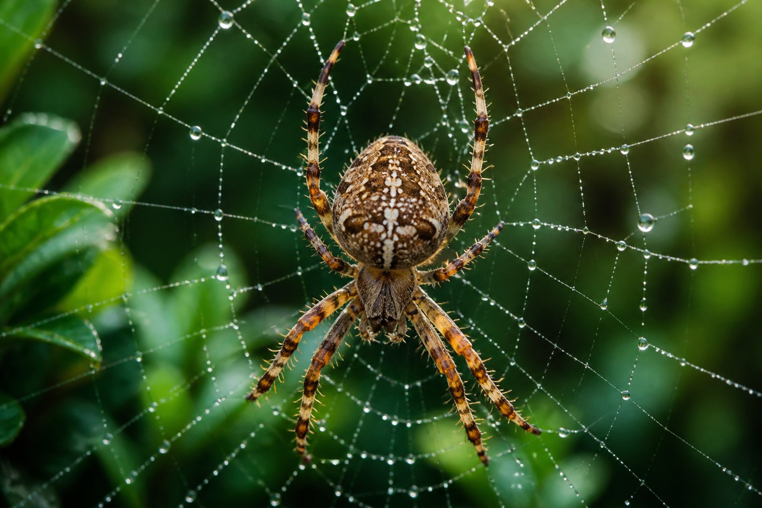 A close-up of a spider on its web with dewdrops, surrounded by green blurred plants.