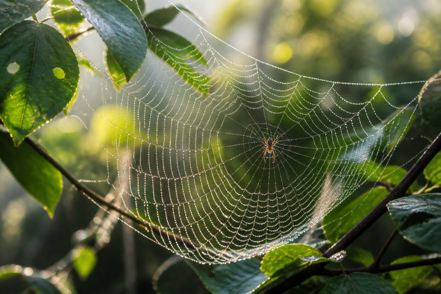 Close-up of a spider web with dew drops in a forest, showing a small spider on the web among green leaves.