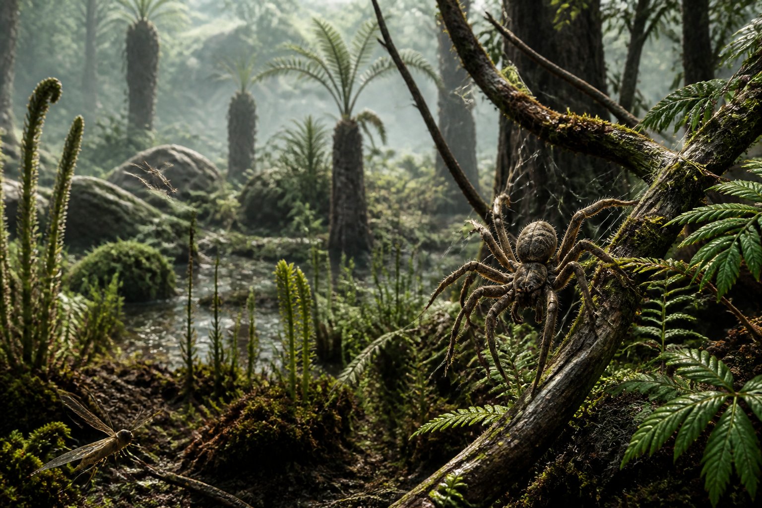 A detailed spider on a tree branch in an ancient forest with ferns and moss, representing the early history of spiders.