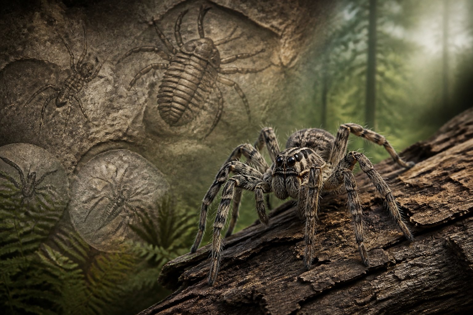 A close-up of a spider on a piece of bark with faint fossil imprints in the background symbolizing spider evolution.