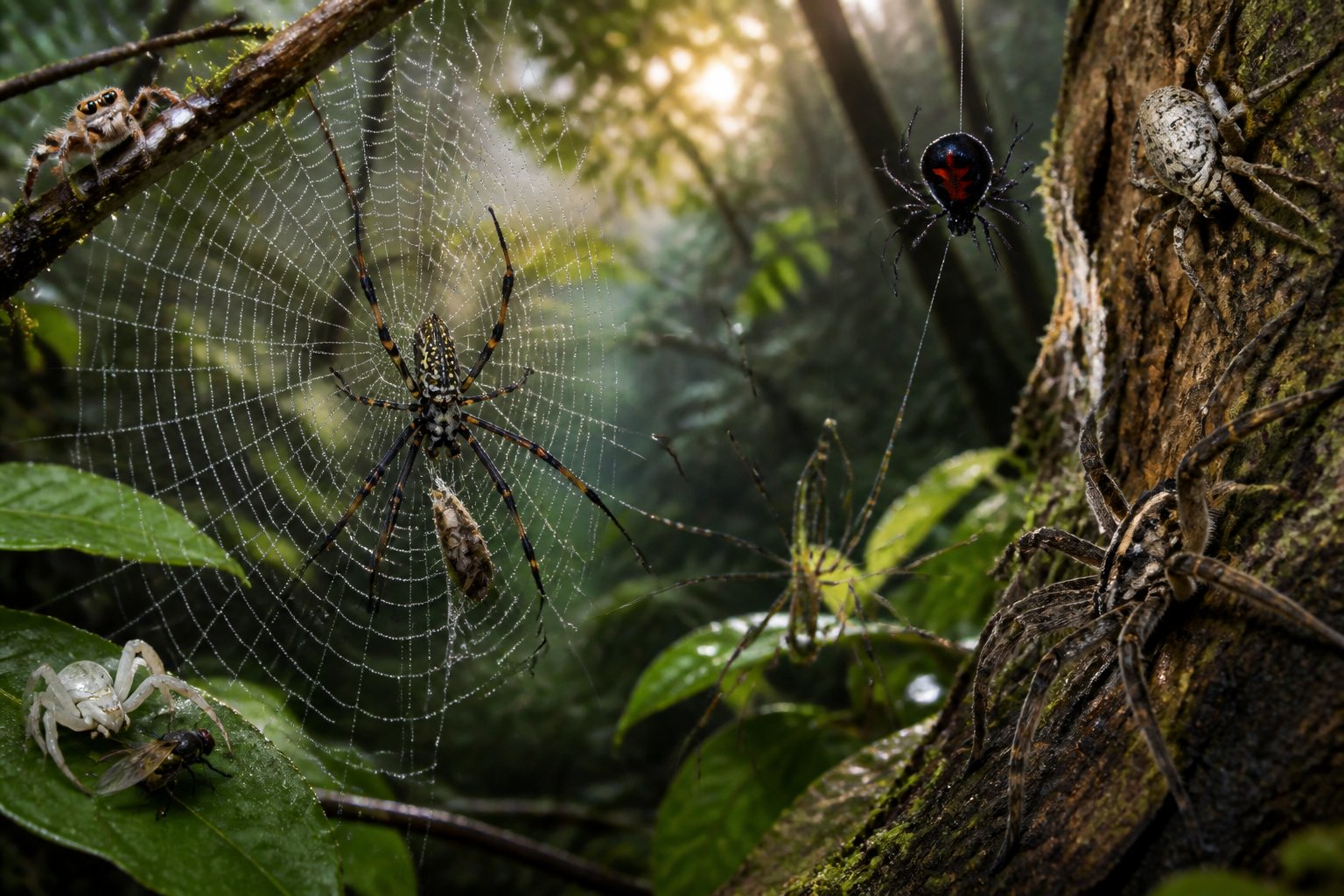 Close-up of a spider web with dew drops in a forest, showing different spiders hunting and resting on plants.