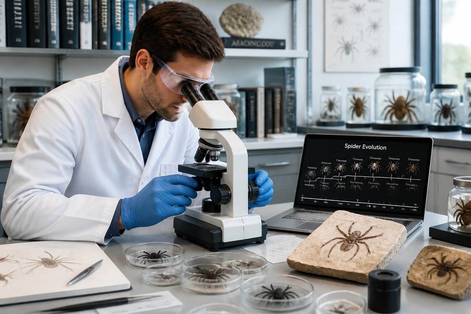 Scientist in a laboratory examining a spider specimen under a microscope with fossils and scientific equipment on the table.