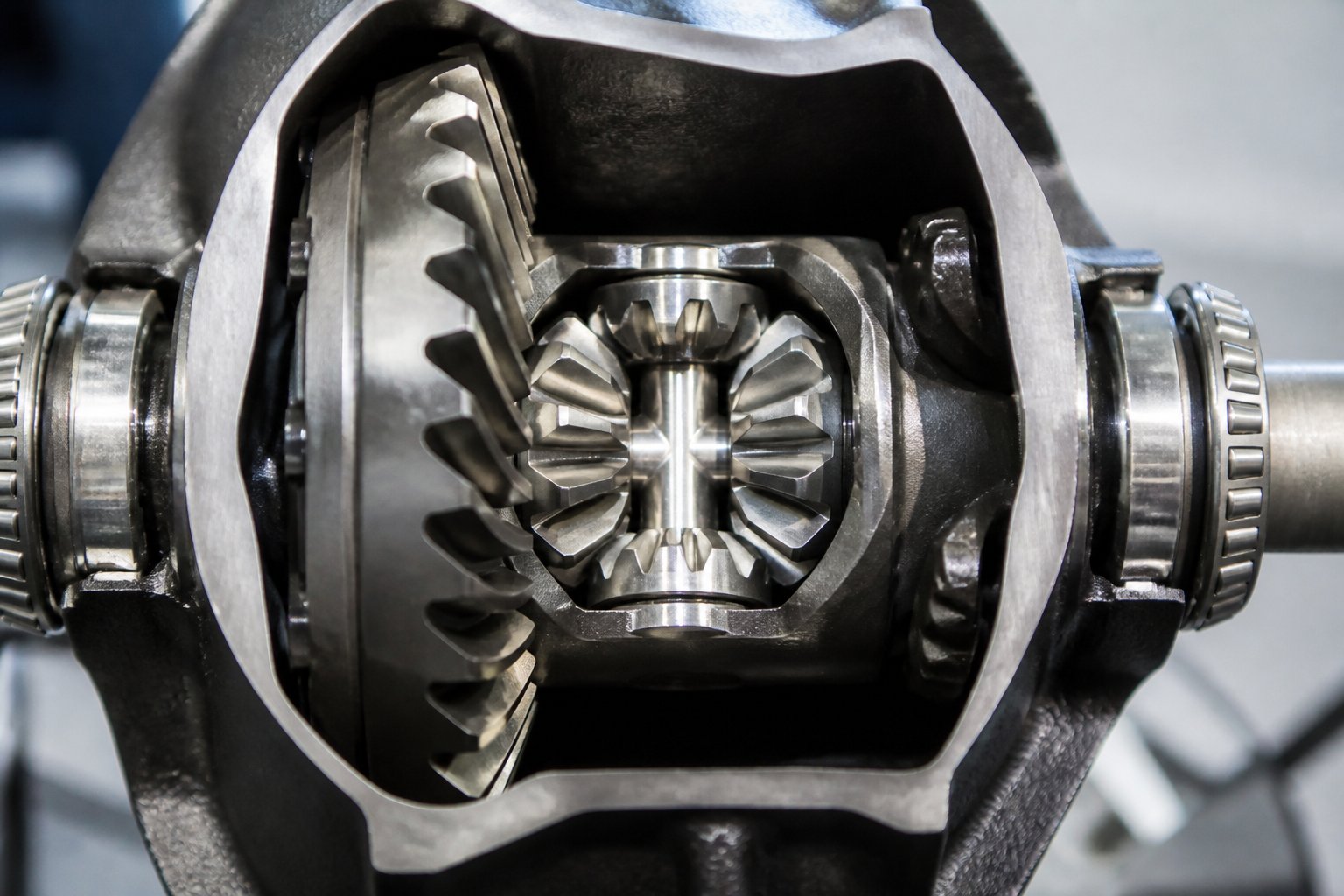 Close-up view of a car differential showing spider gears and side gears inside the assembly.
