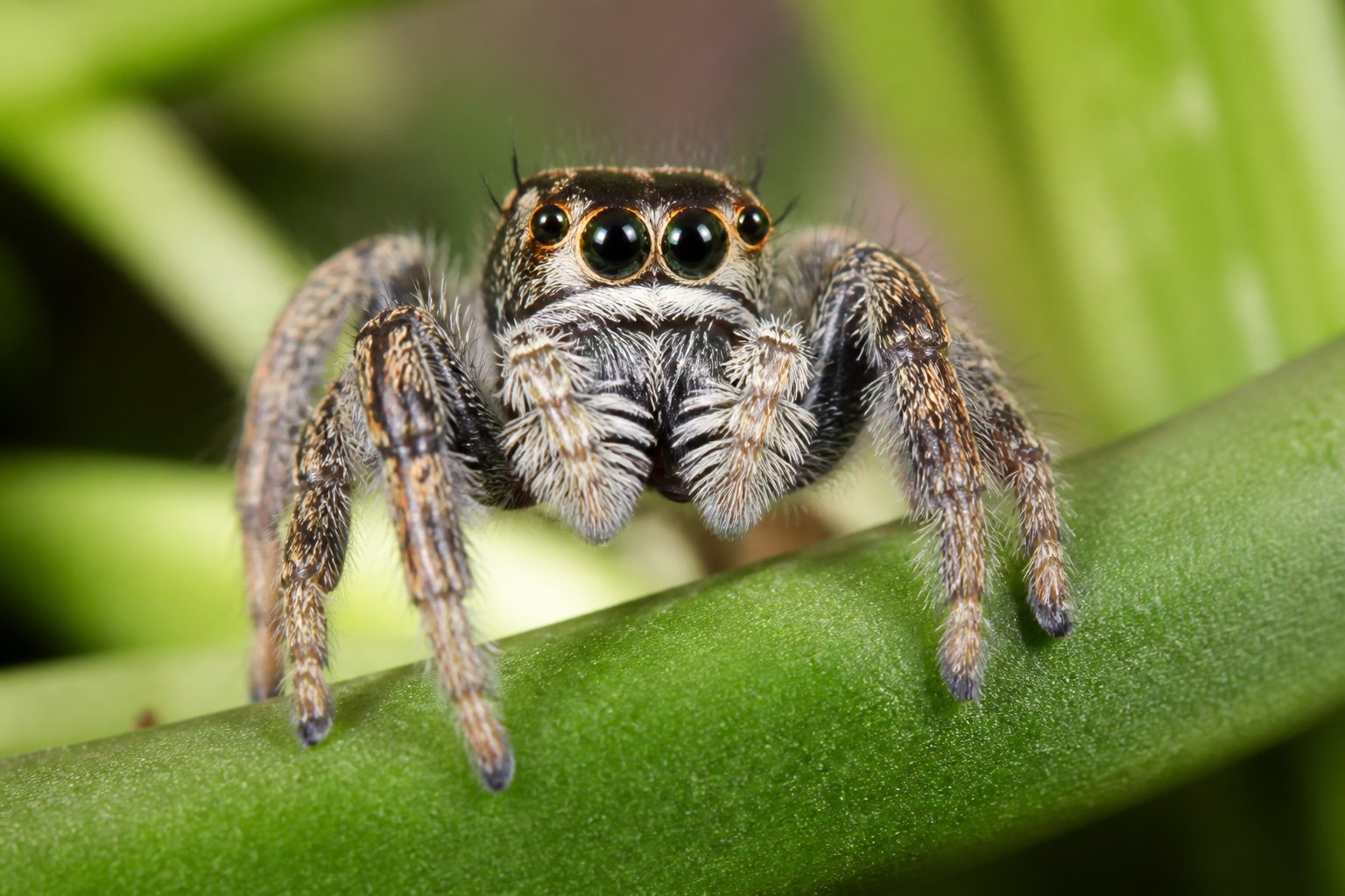 A close-up of a jumping spider on a green leaf in a natural outdoor setting.