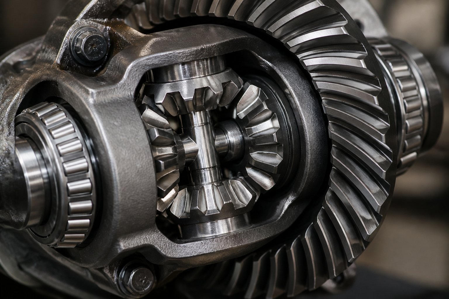 Close-up view of interconnected mechanical gears inside a differential, showing how the spider gear meshes with other parts.